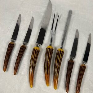 Vtg Crown Crest Sheffield England Faux Horn Carving Knife Fork Set Stainless Set